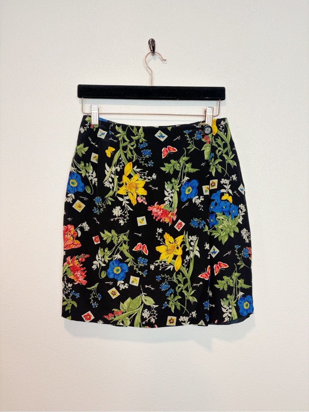 Vintage Harris Wallace Silk Floral Garden Multicolor Blooms True Wrap Skirt 10